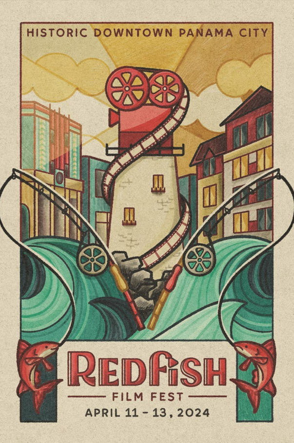 Redfish Film Fest commemorative poster of a lighthouse with waves crashing and downtown Panama City as the backdrop.